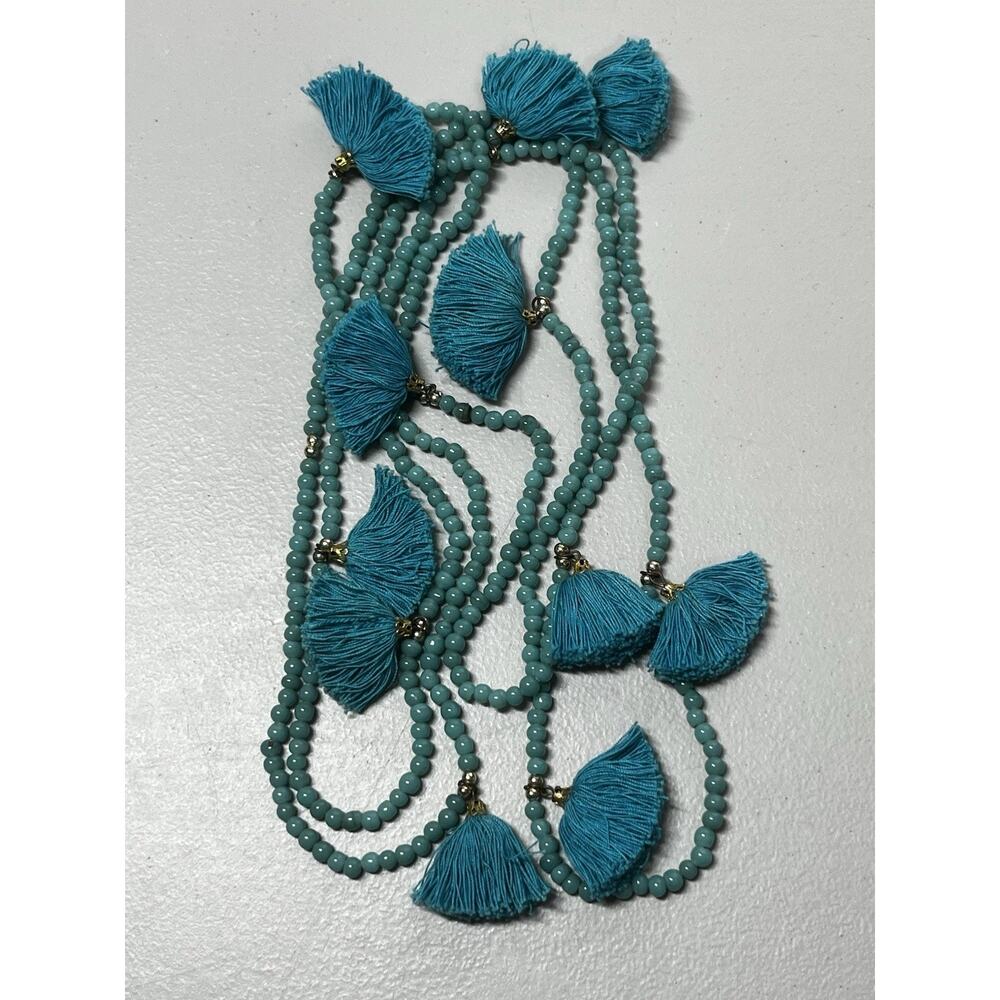 Vintage Long Rope Wrap Strand Glass Beaded Tassel Necklace Aqua Teal Boho Chic
